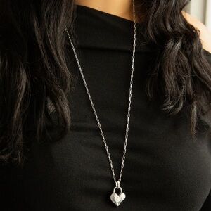Marlyn Schiff Long Silver Link Necklace with Heart Pendant